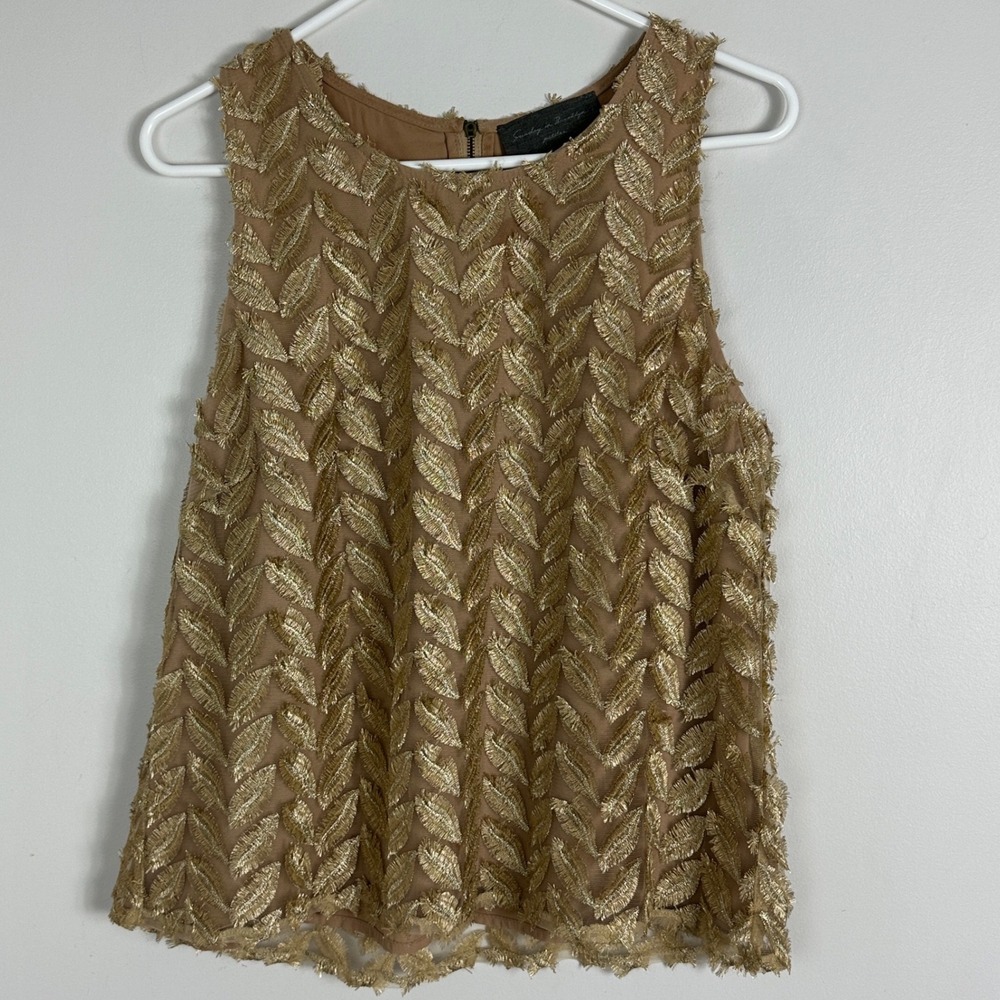 Anthropologie Sunday Brooklyn Womens Top Size Large Leaf Gold Tan Blouse Boho